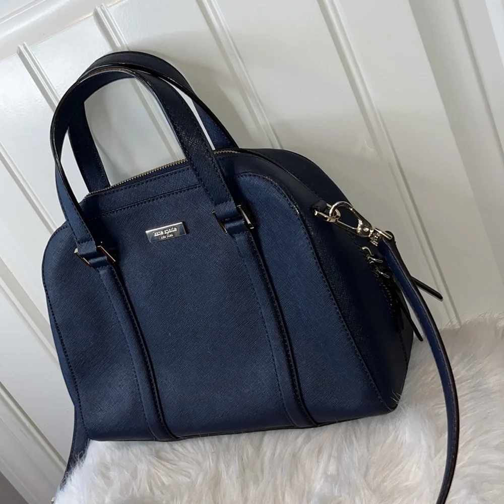 Kate Spade Small Felix Satchel purse Bag pebbled leather Navy blue classic